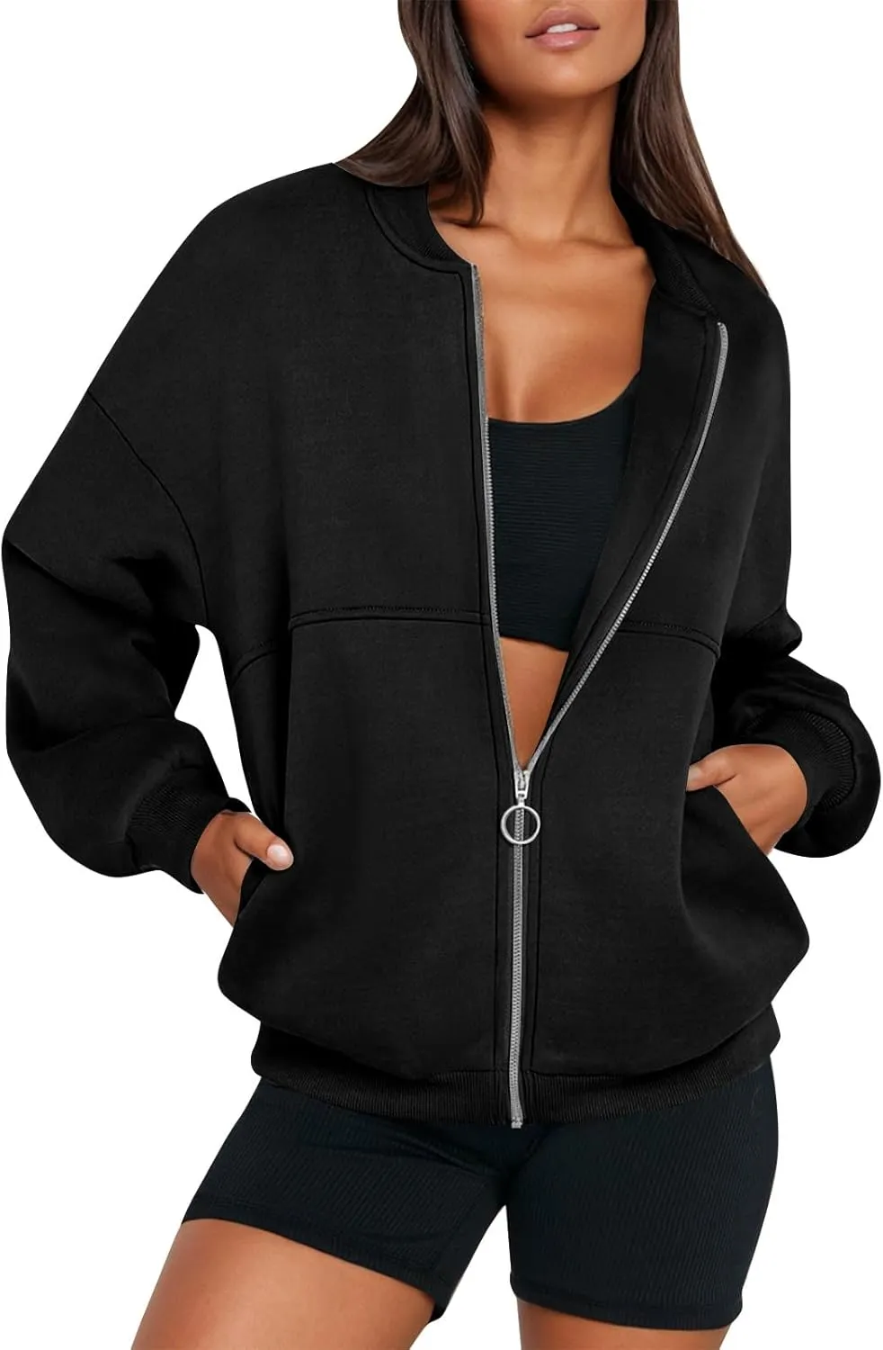 Zip Up Jackets for Women Fleece Oversized Sweatshirt Baggy Drop Shoulder Trendy Y2k Teen Girls Fall Clothes w/Pockets