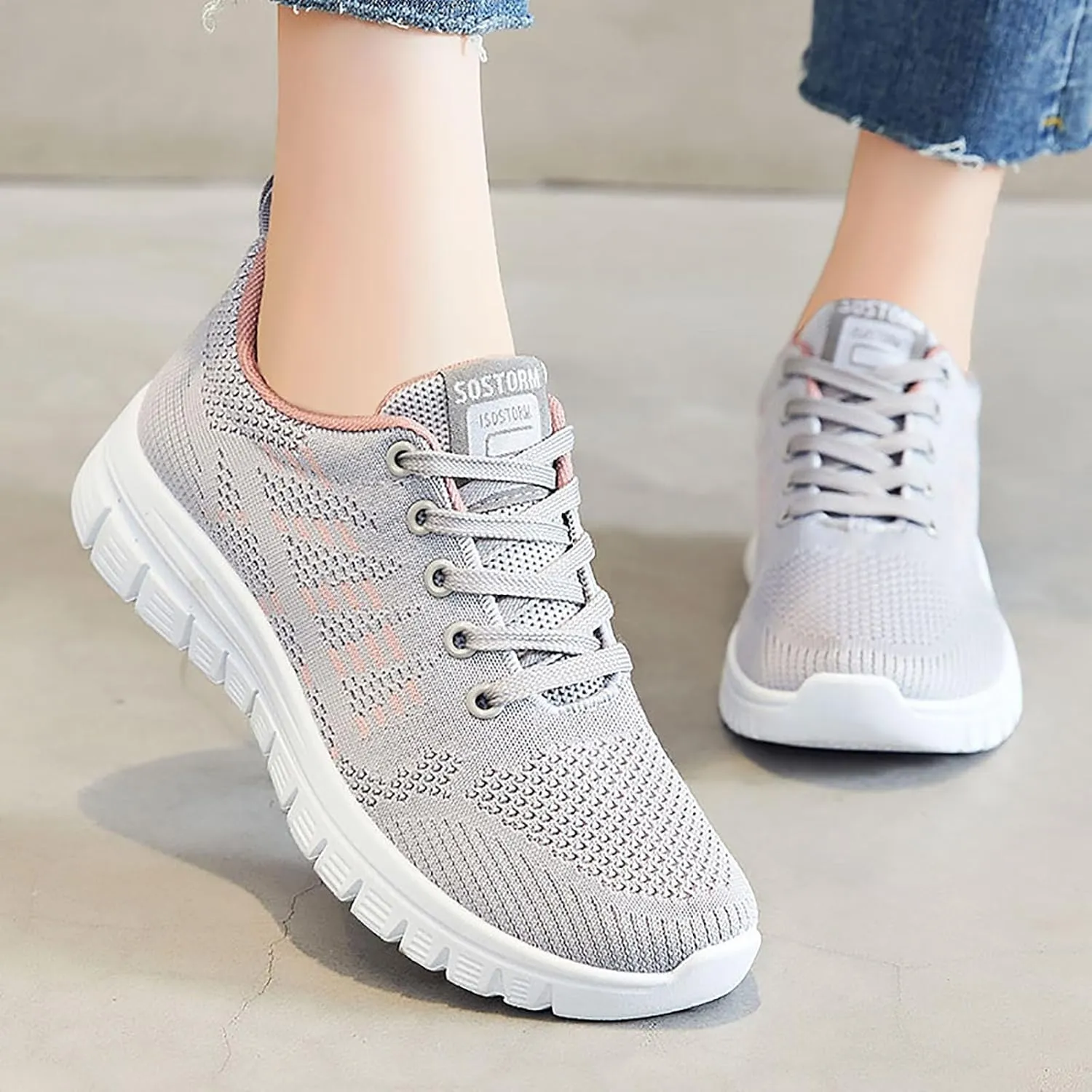 ZSpzx Summer Walking Shoes for Women Mesh Knit Breathable Running Sneakers Comfy Lightweight Non Slip Air Cushioned Daily Wear Arch Support Shoe Fashionable Mesh Ladies Casual Platform Footwear