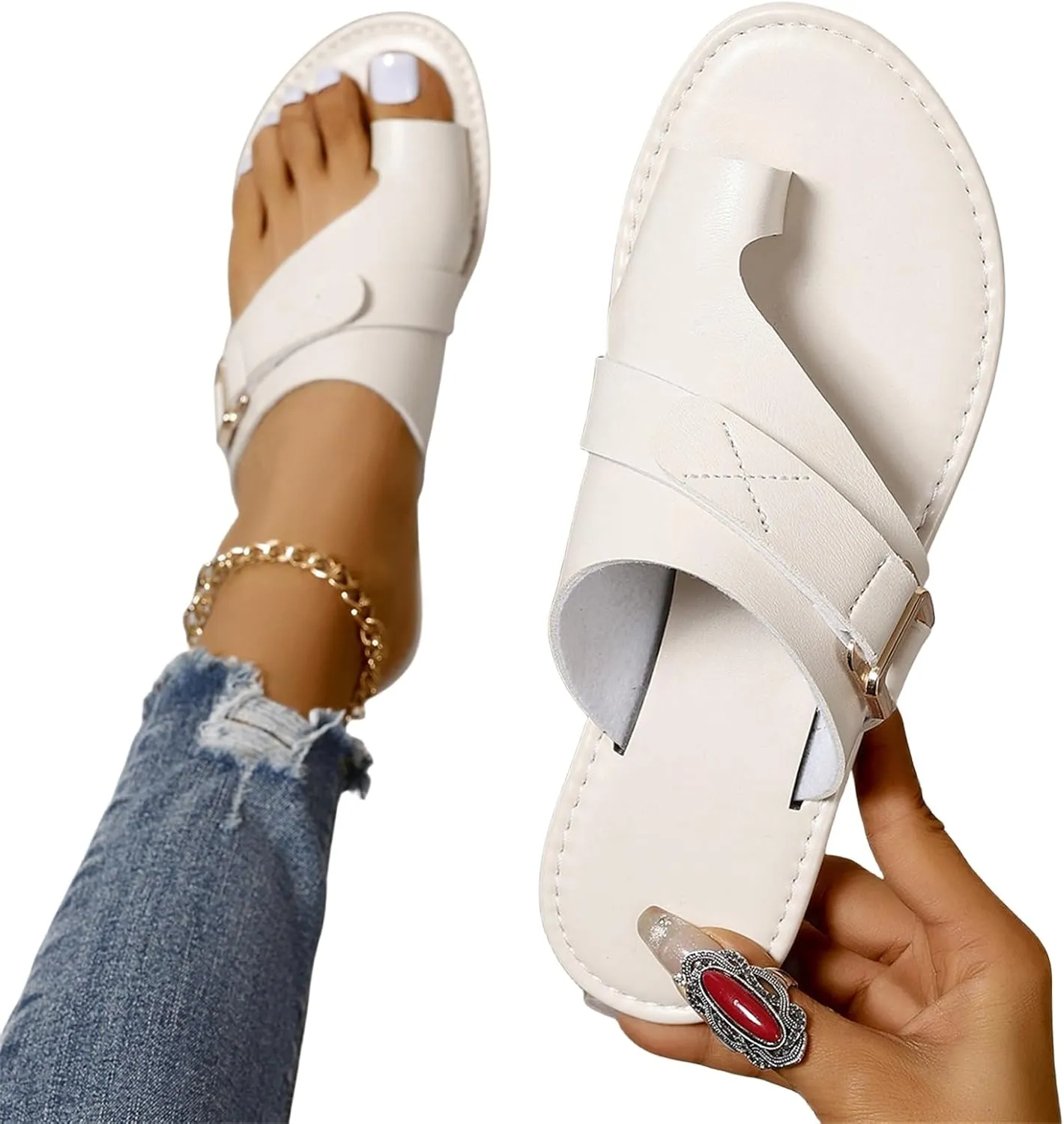 ZWRXW Sandals for Women Leather Thong Sandals Comfortable Orthopedic Sandals Dressy Summer Flip Flops Casual Walking Shoes Non-Slip Slides Flat Sandals