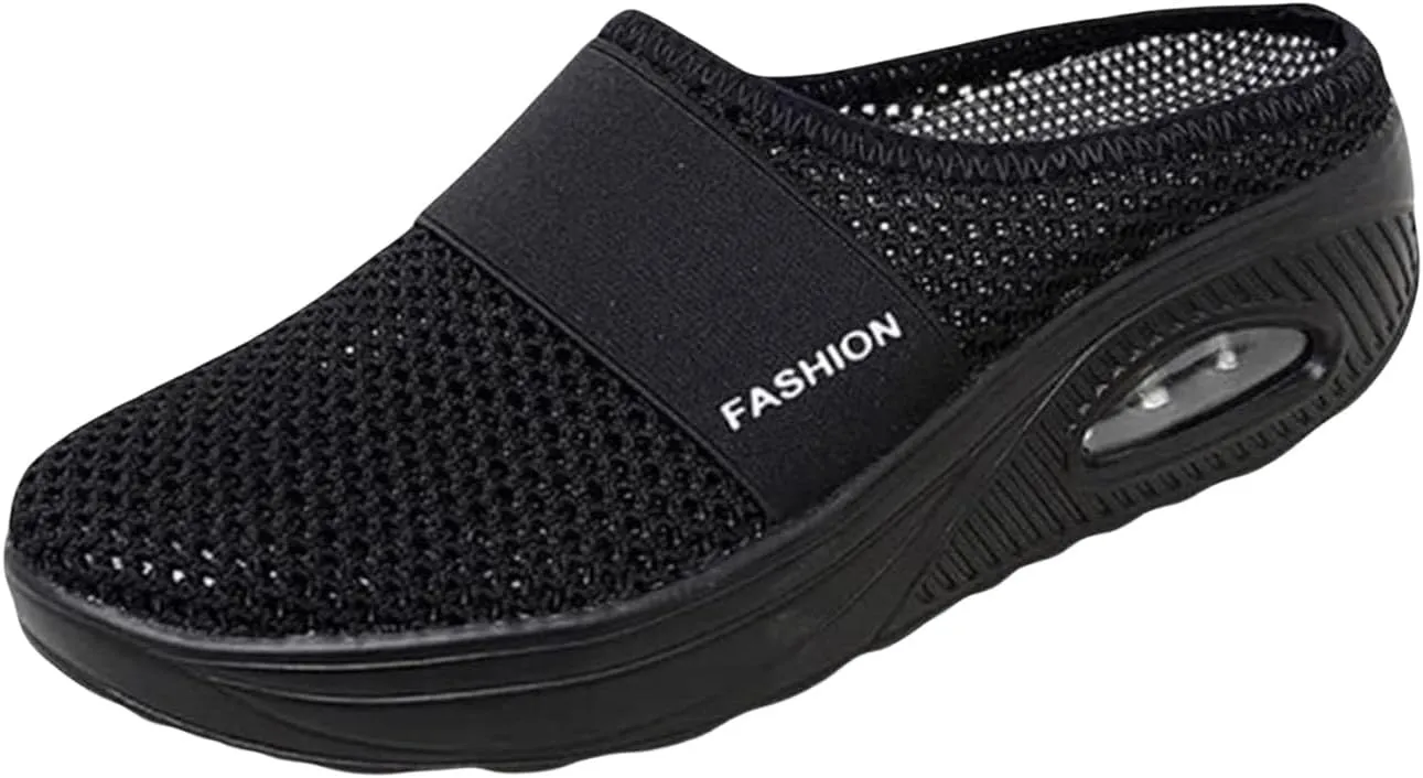 ZWRXW Womens Mules Slip On Walking Shoes Clogs and Mules Diabetic Slippers Non Slip Orthopedic Sneakers Mesh Upper Air Cushion Sneakers Closed Toe Wedge Sandals Casual Lightweight Breathable Slippers